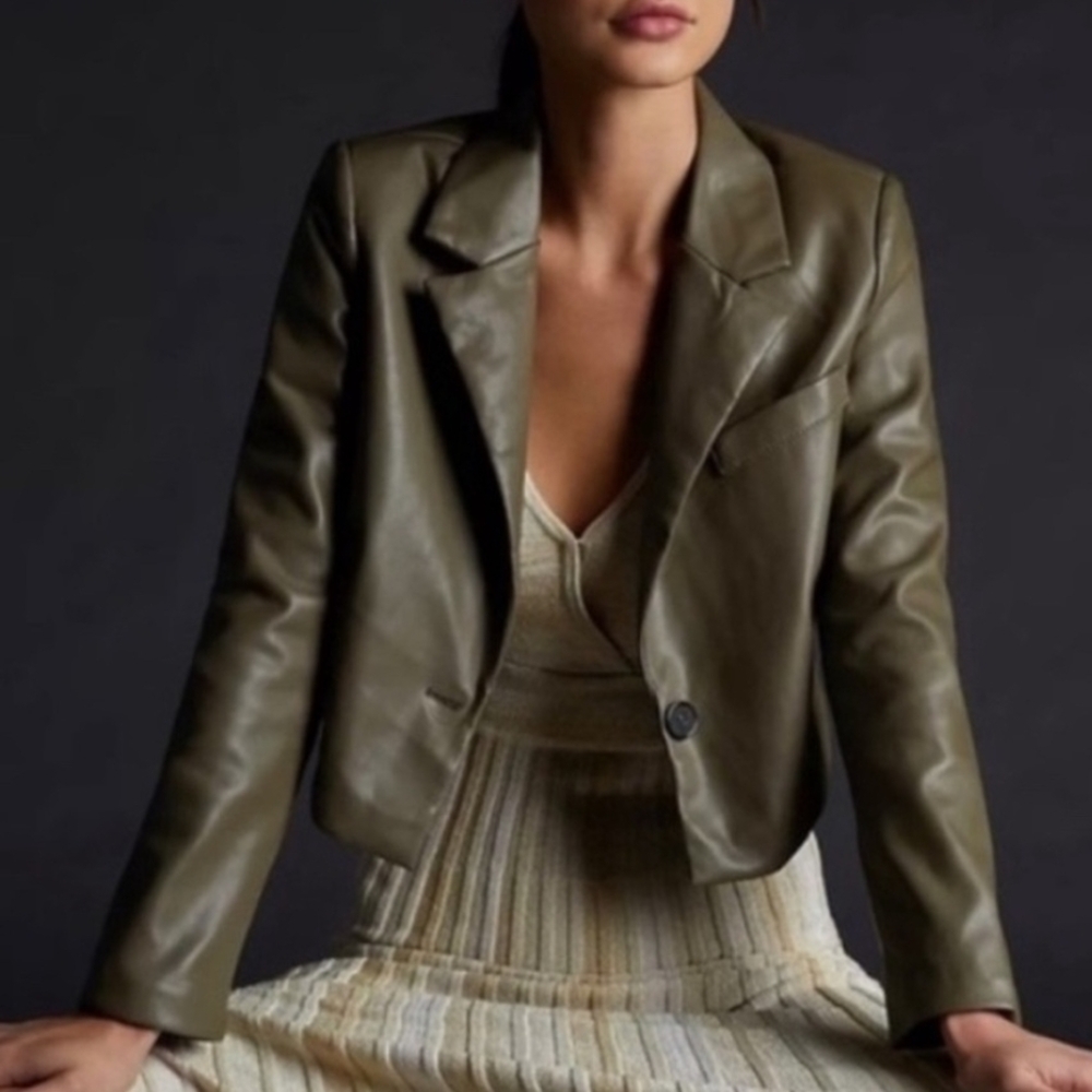 🌿Avec Les Filles | Anthropologie Soft Faux-leather Olive Blazer/Jacket - Picture 7 of 9